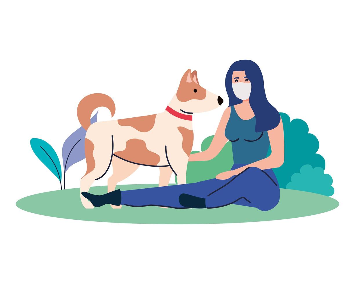 woman wearing medical mask, with pet dog in outdoor vector