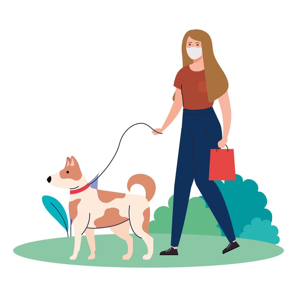 Mujer vistiendo máscara médica, caminando con un perro con la correa en el exterior vector