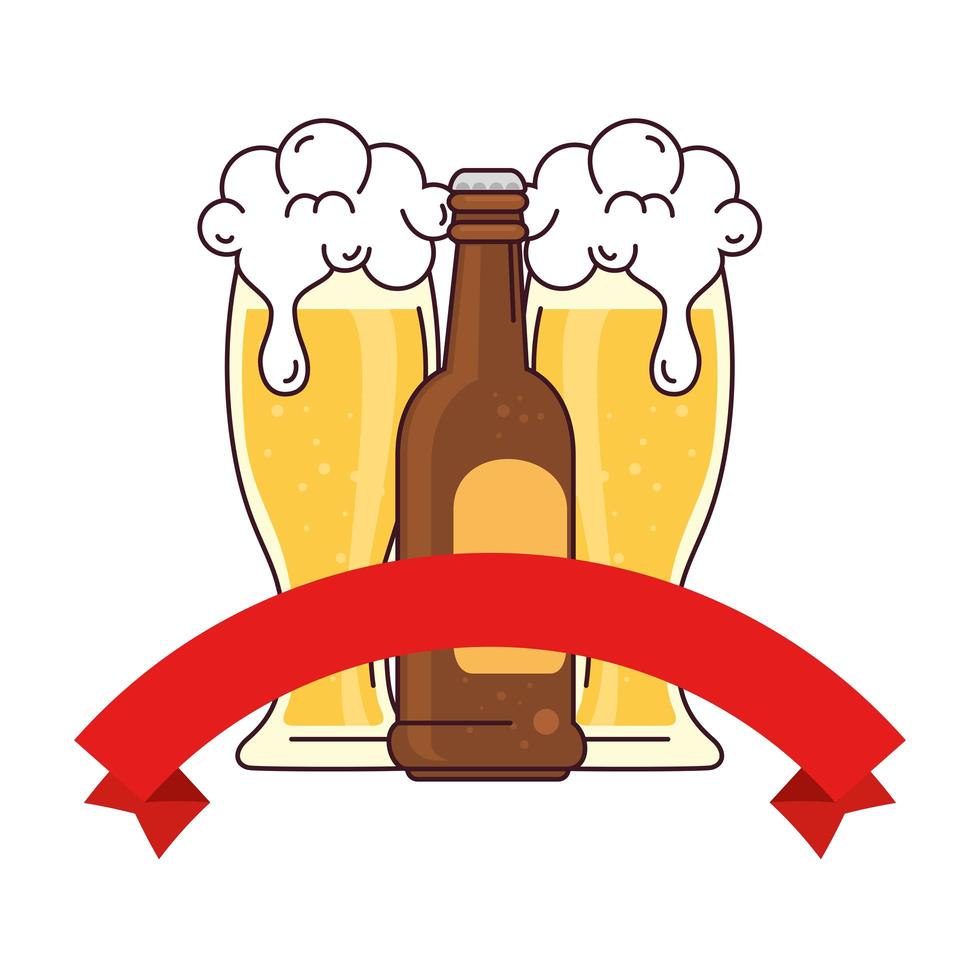 bottle with glasses of beer, with ribbon decoration on white background vector