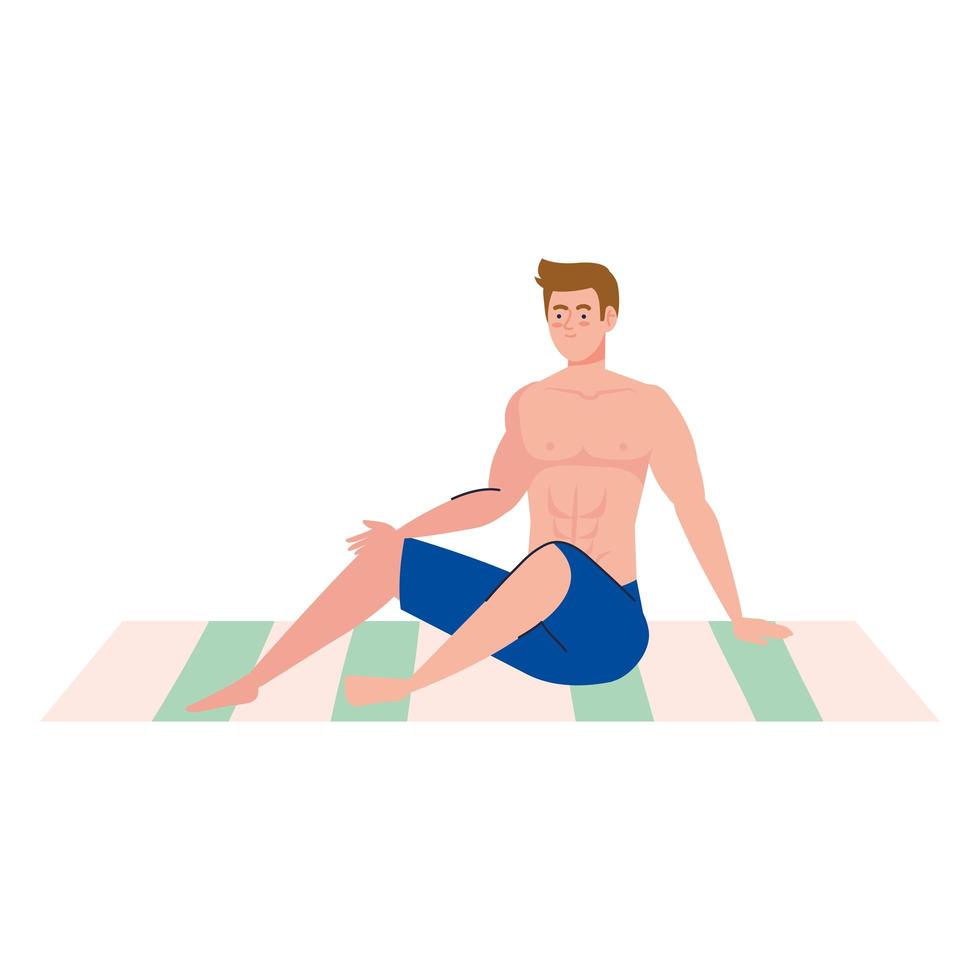 man in shorts, happy guy in swimsuit sitting on the towel vector