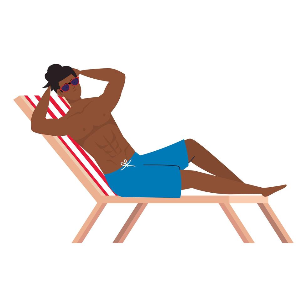 man afro in shorts in chair beach, happy guy afro in swimsuit in chair beach, summer vacation season vector