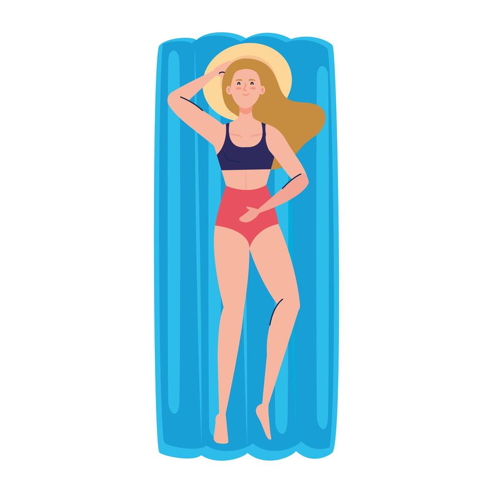 Mujer acostada sobre flotador inflable con traje de baño, temporada de vacaciones de verano vector