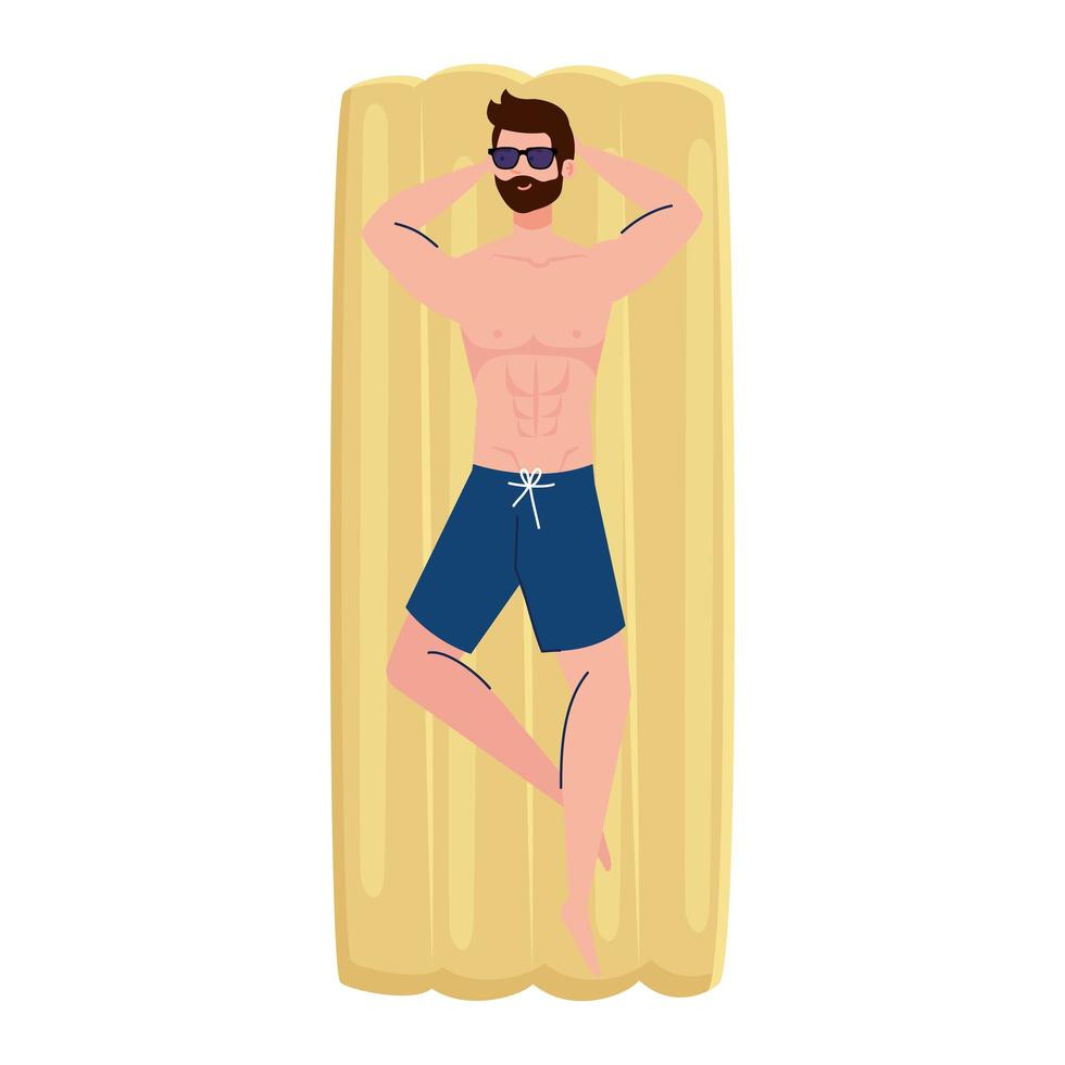man in lying down on inflatable float in shorts, summer vacation season vector