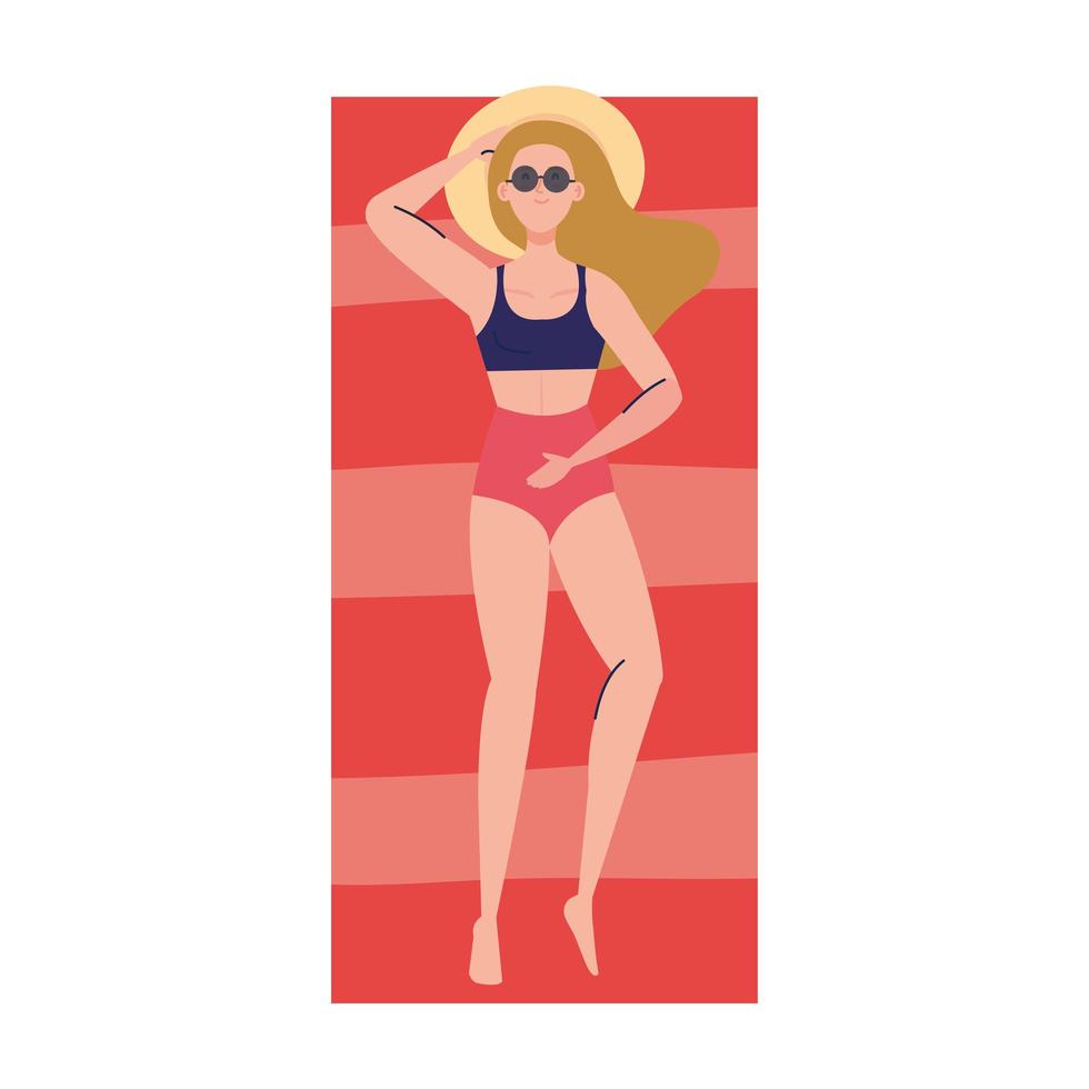 view aerial, woman using swimsuit lying down, tanning on towel, summer vacation season vector