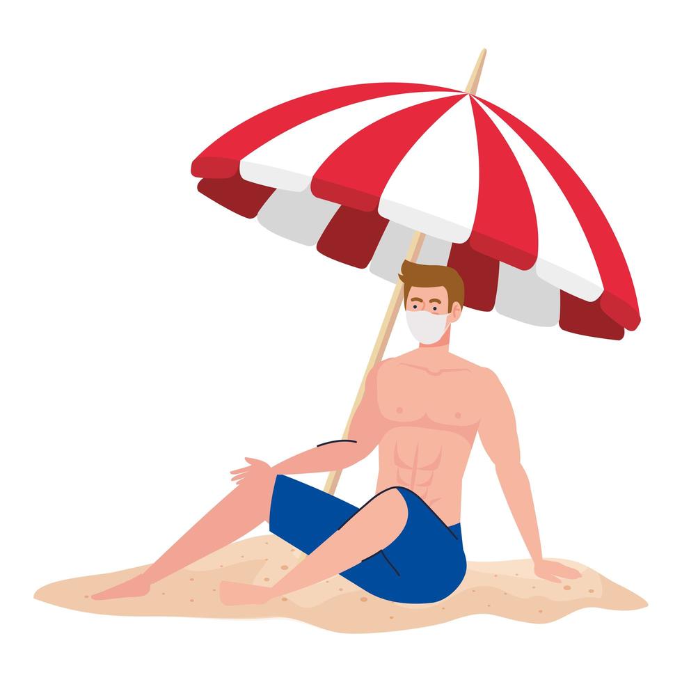 man in shorts wearing medical mask, tourism with coronavirus, prevention covid 19 in summer vacation vector