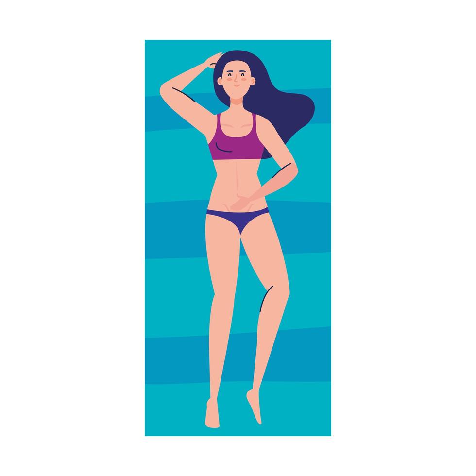 view aerial, woman using swimsuit lying down, tanning on towel, summer vacation season vector