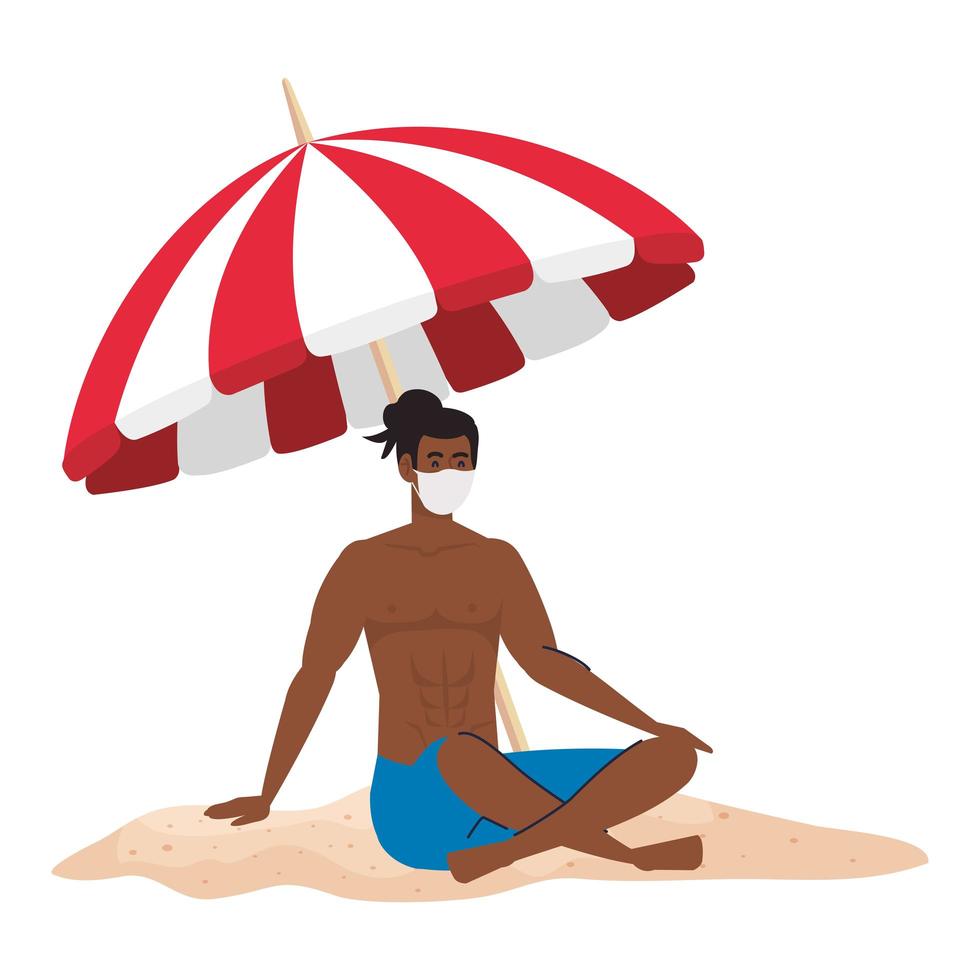 hombre afro en pantalones cortos con máscara médica, turismo con coronavirus, prevención covid 19 en vacaciones de verano vector