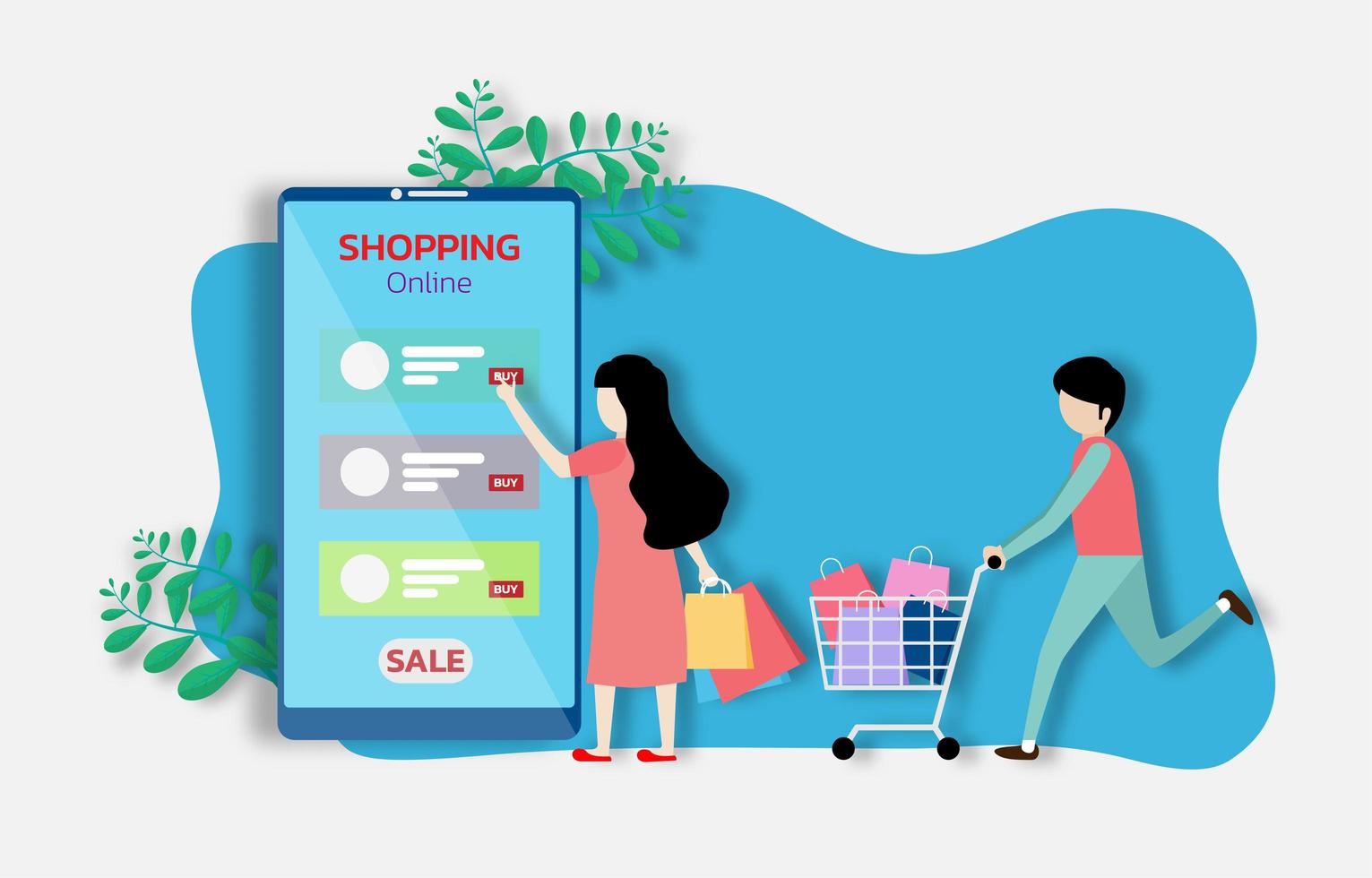 A man and a woman buy things in the online store vector