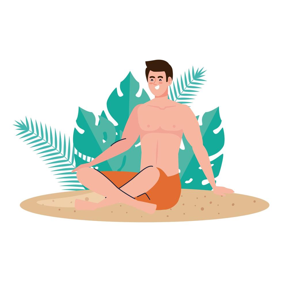 Hombre en pantalones cortos sentado en la playa con decoración de hojas tropicales, temporada de vacaciones de verano vector