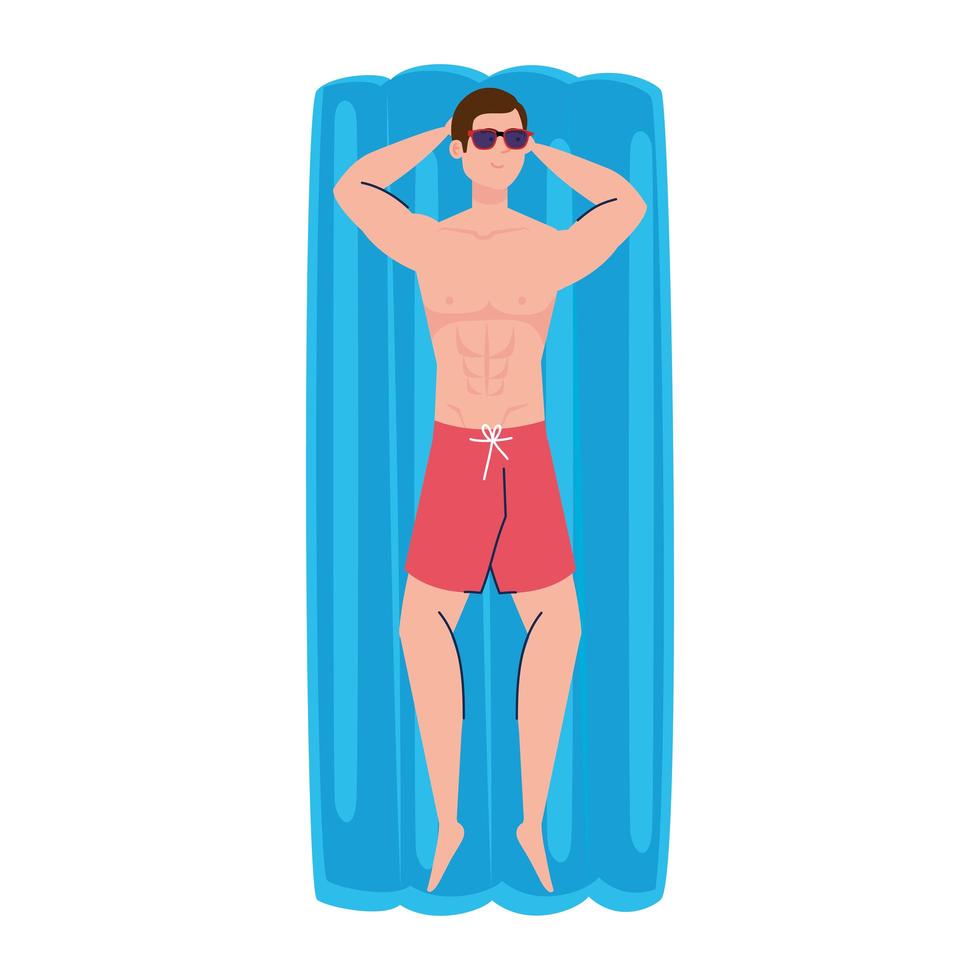 man in lying down on inflatable float in shorts, summer vacation season vector