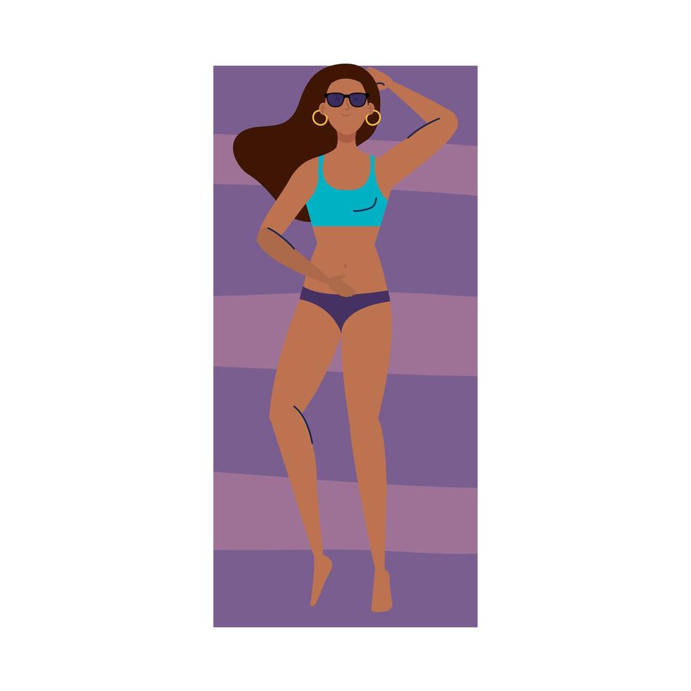 view aerial, woman afro using swimsuit lying down, tanning on towel, summer vacation season vector