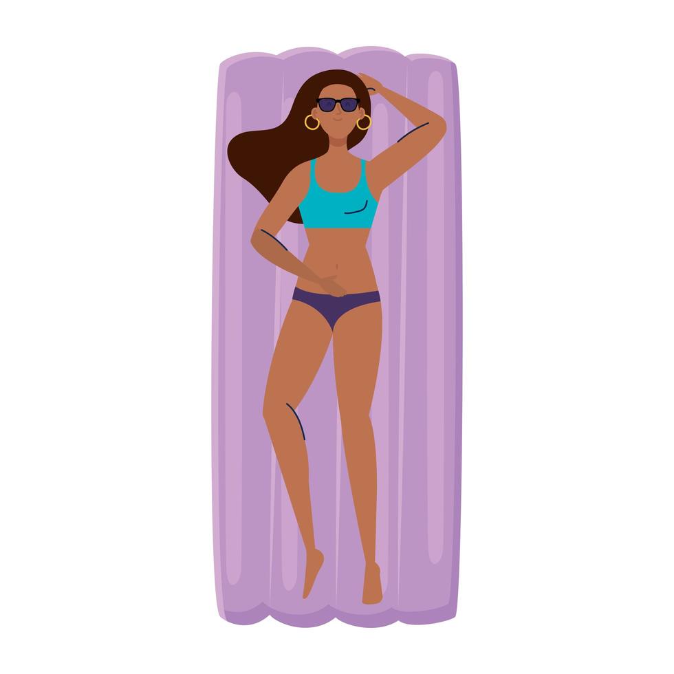 woman afro in lying down on inflatable float with swimsuit, summer vacation season vector