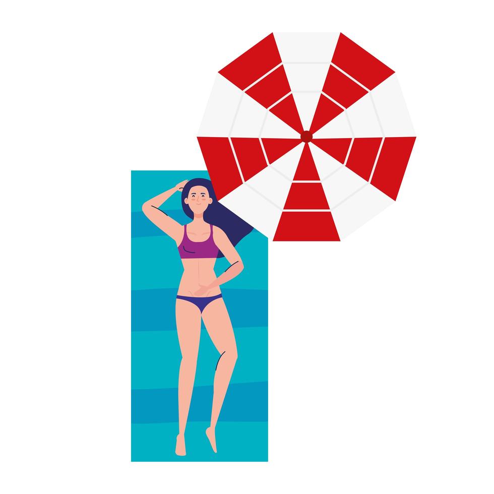 view aerial, woman using swimsuit lying down, tanning on towel, with umbrella, summer vacation season vector