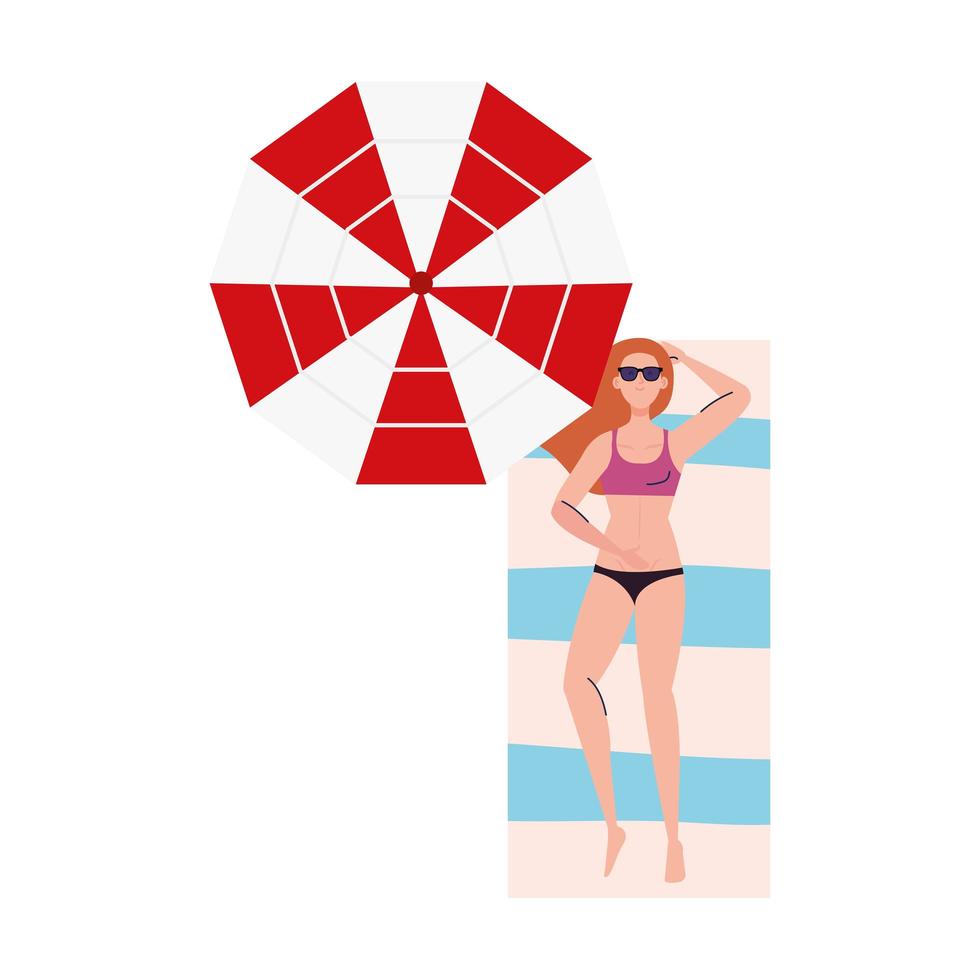 view aerial, woman using swimsuit lying down, tanning on towel, with umbrella, summer vacation season vector