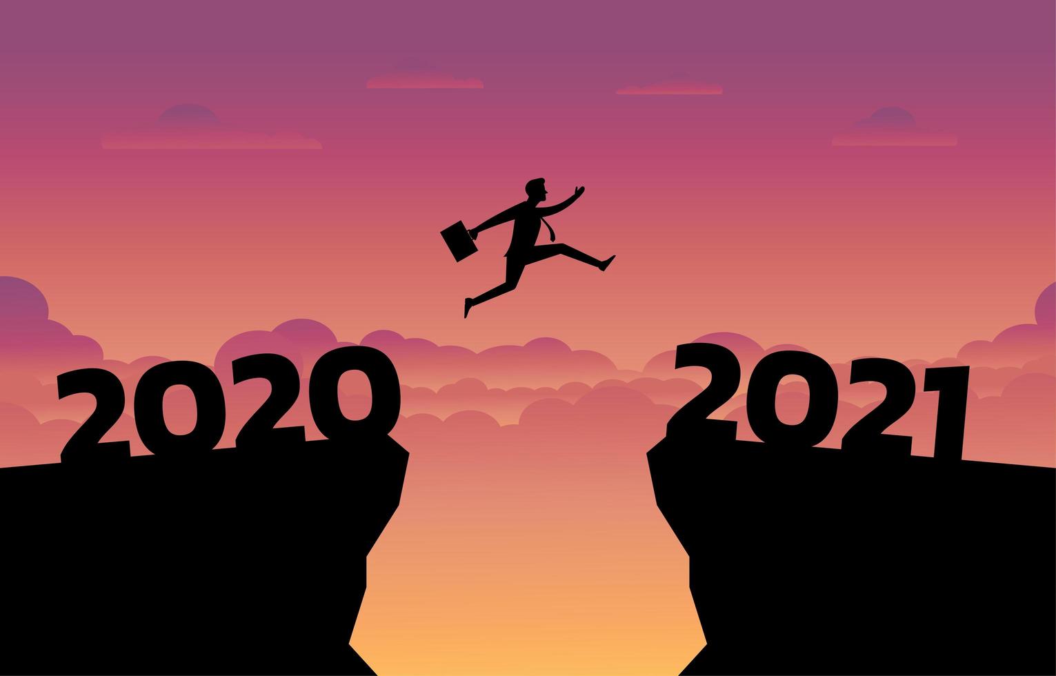 Businessman jumping between the year 2020 and 2021 vector