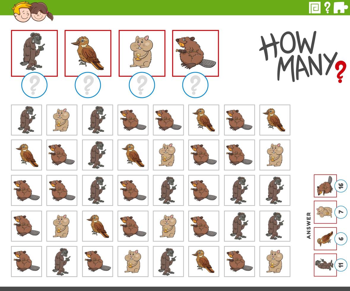 how many cartoon animal characters counting game vector