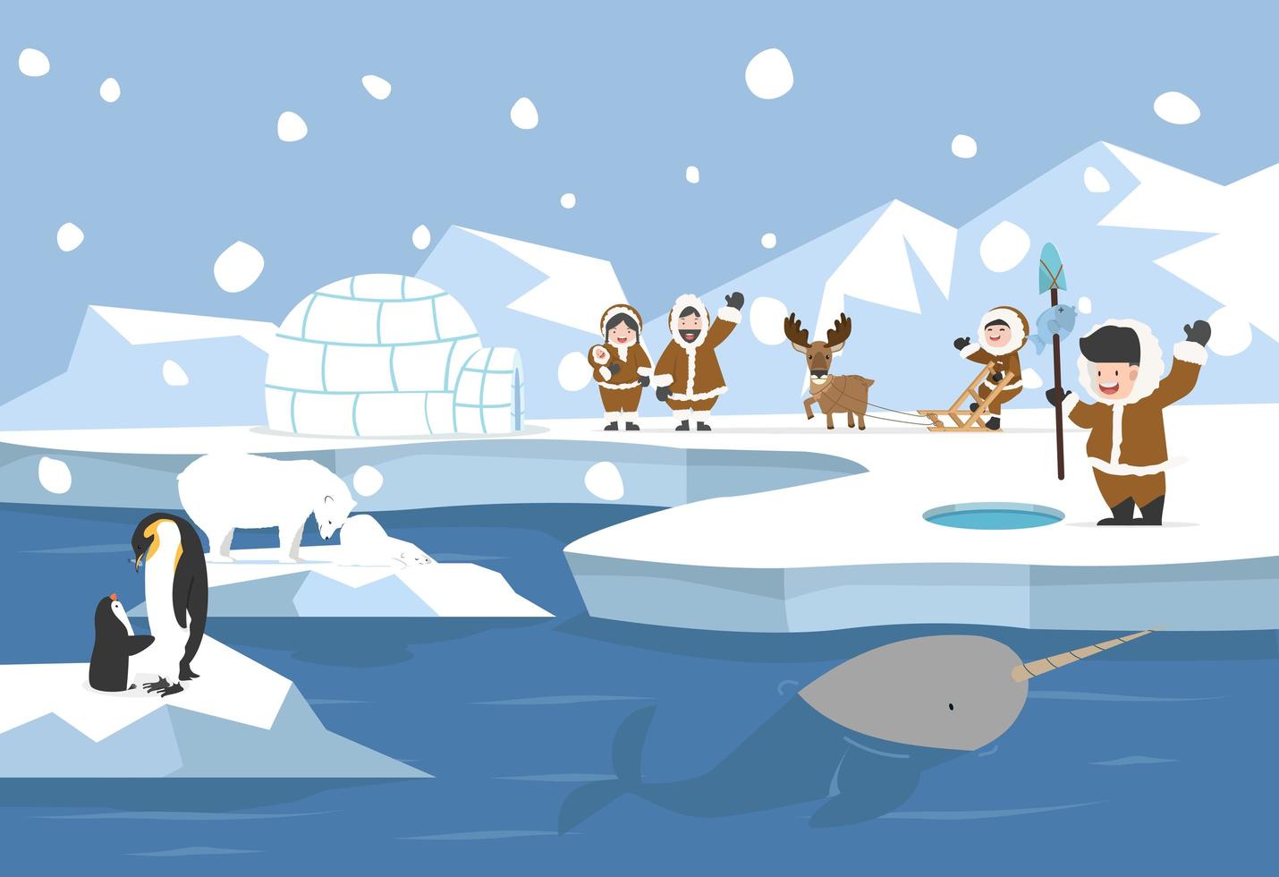 Arctic landscape with Inuit people vector