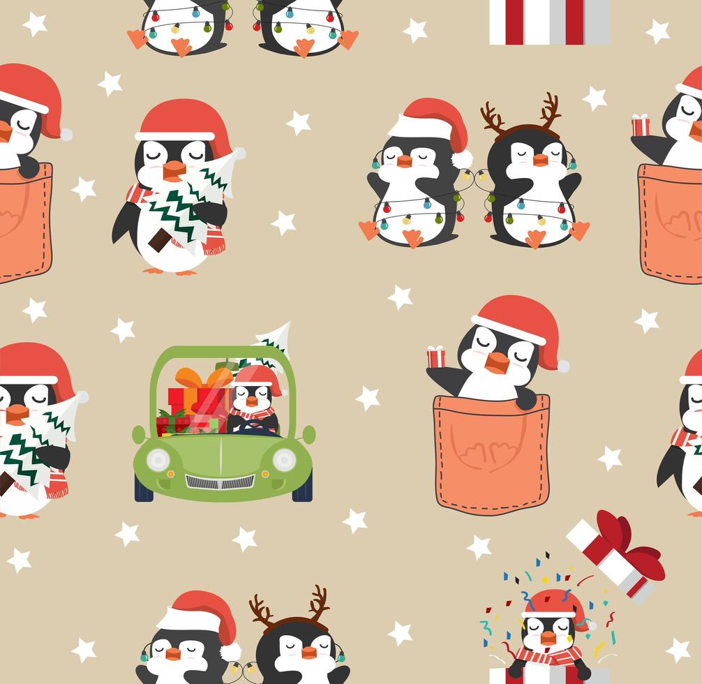 pingüinos lindos dibujos animados navidad de patrones sin fisuras vector
