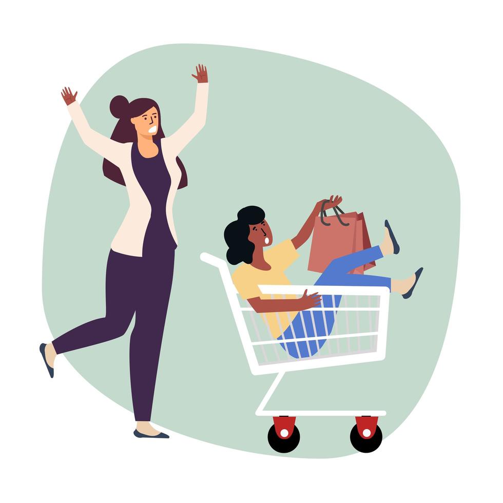 woman pushing cart with other woman in it vector