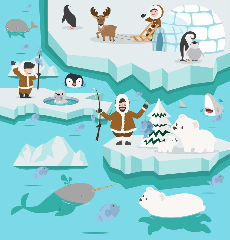 Arctic landscape with Inuit people and animals vector
