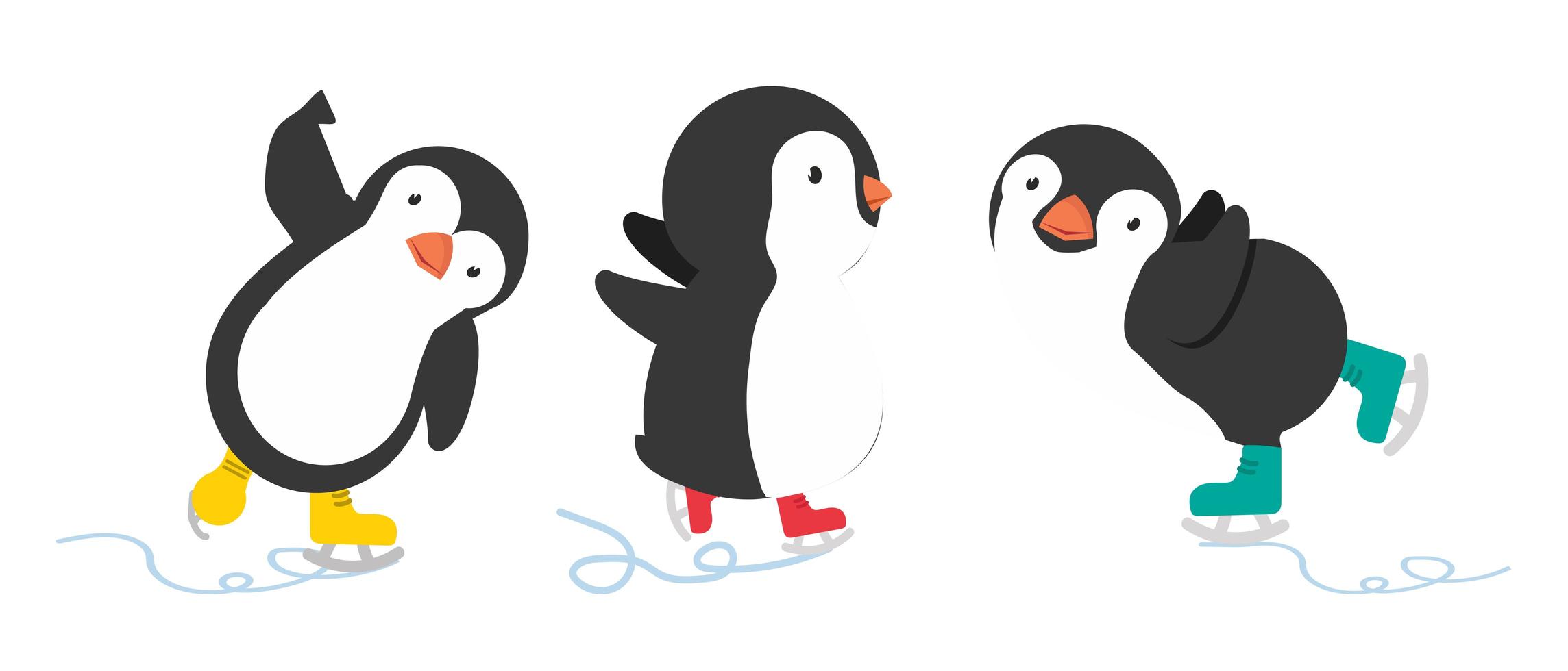pingüino feliz con patines de hielo conjunto de dibujos animados vector