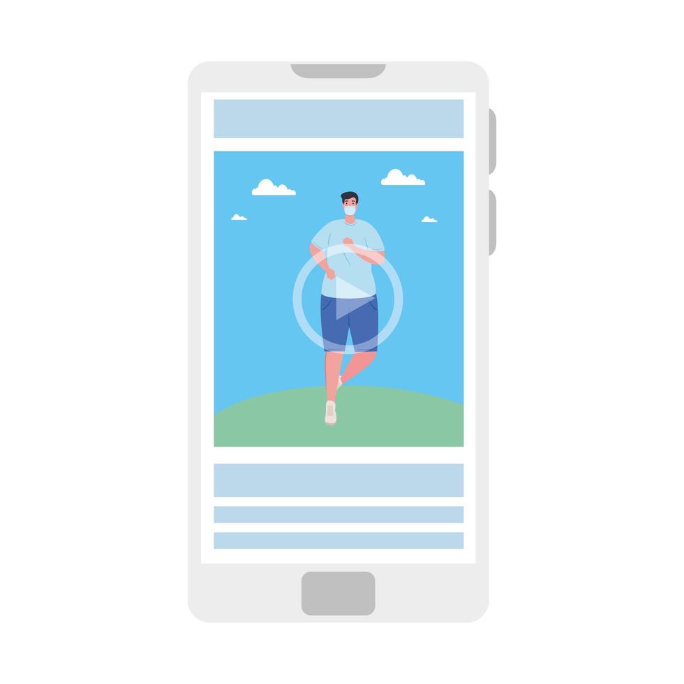 online sport tutorial, man wearing medical mask, in smartphone practicing sport vector