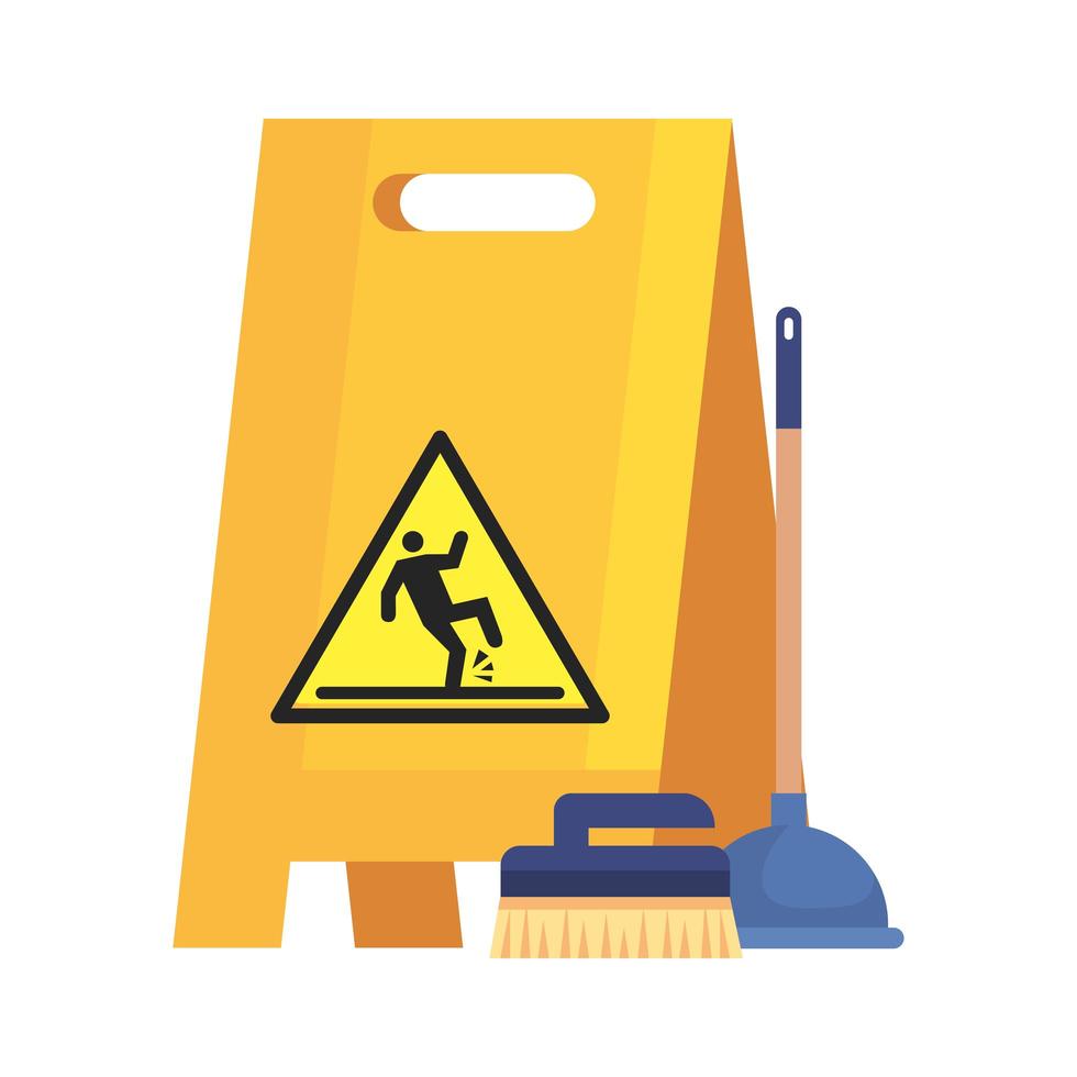 caution sign wet floor with toilet plunger and brush cleaning, on white background vector
