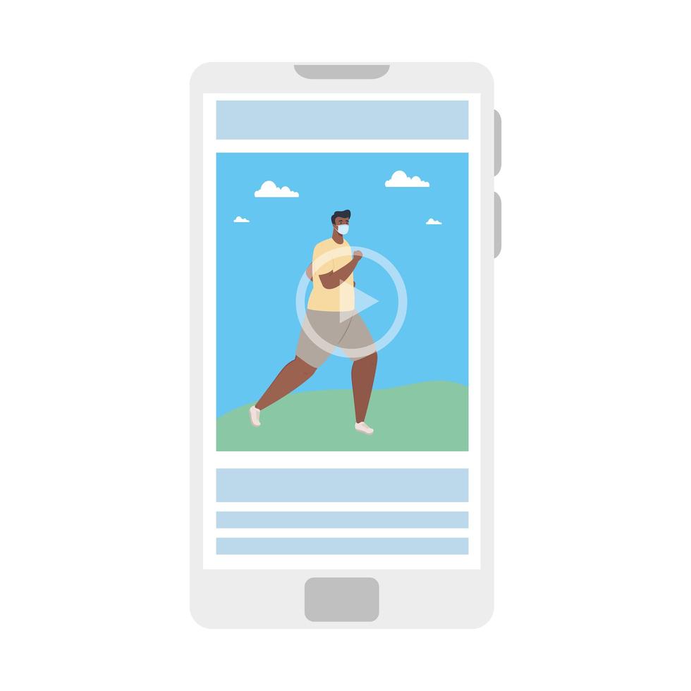 online sport tutorial, man afro wearing medical mask, in smartphone practicing sport vector