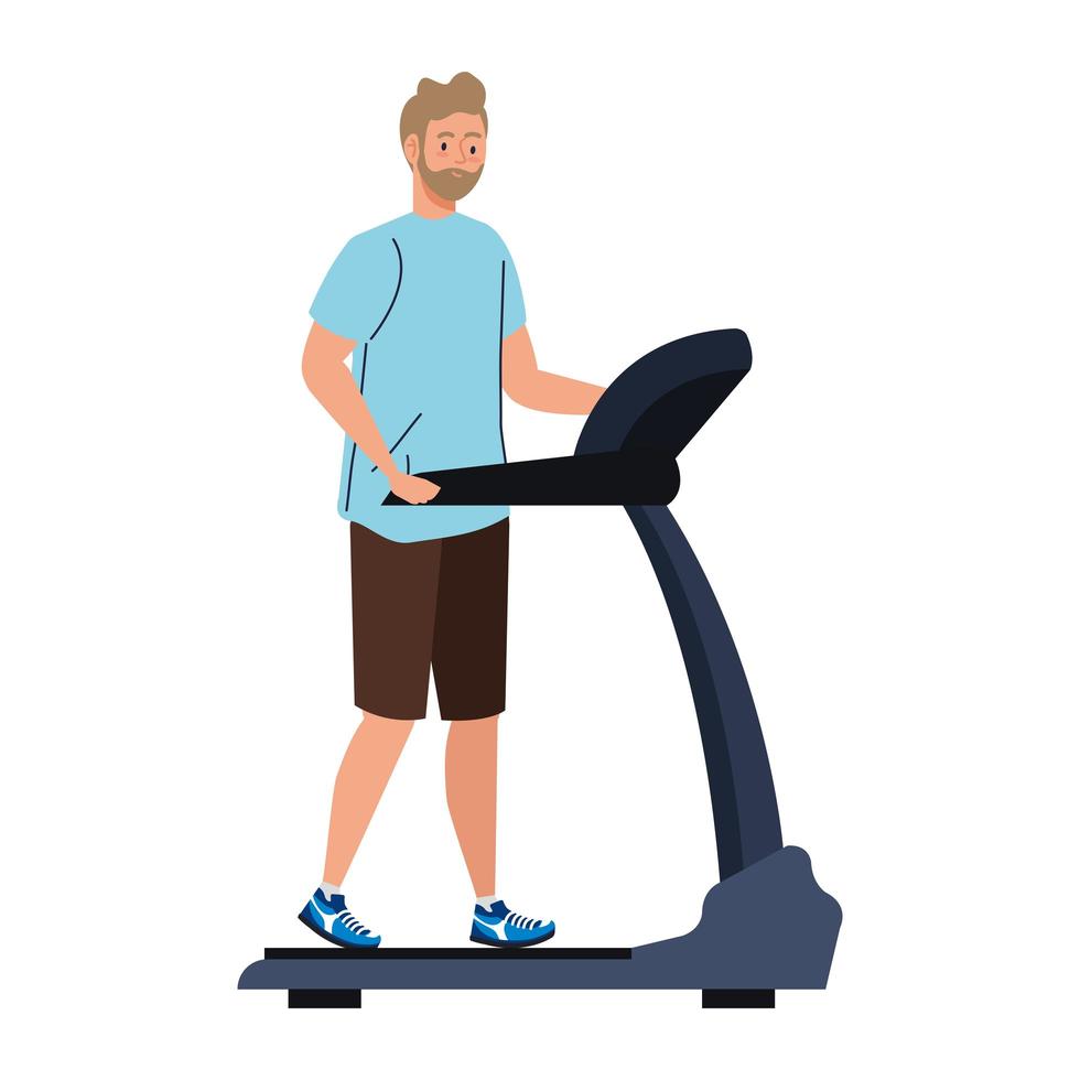 man running on treadmill, ectrical training machine on white background vector