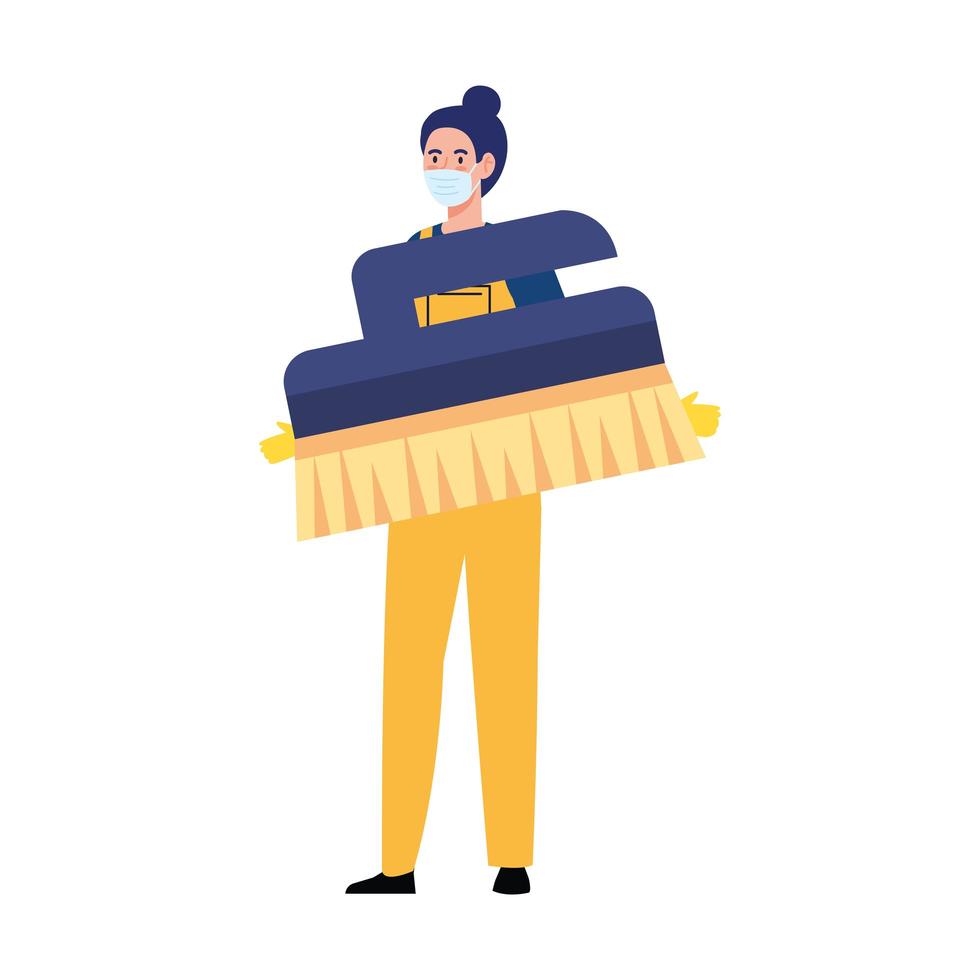 Trabajadora del servicio de limpieza vistiendo máscara médica, con cepillo para limpiar, sobre fondo blanco. vector