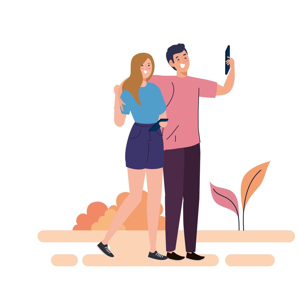 Feliz pareja tomar selfie al aire libre, sobre fondo blanco. vector