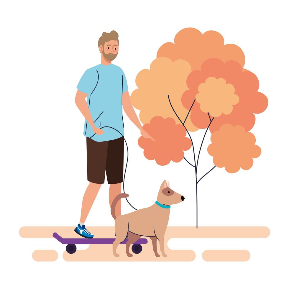 young man on a walk with a dog outdoor, on white background vector