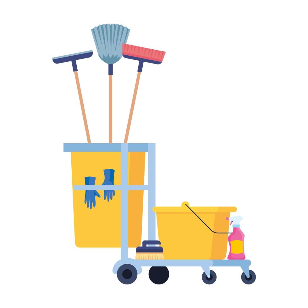 cleaning trolley with equipment icons vector