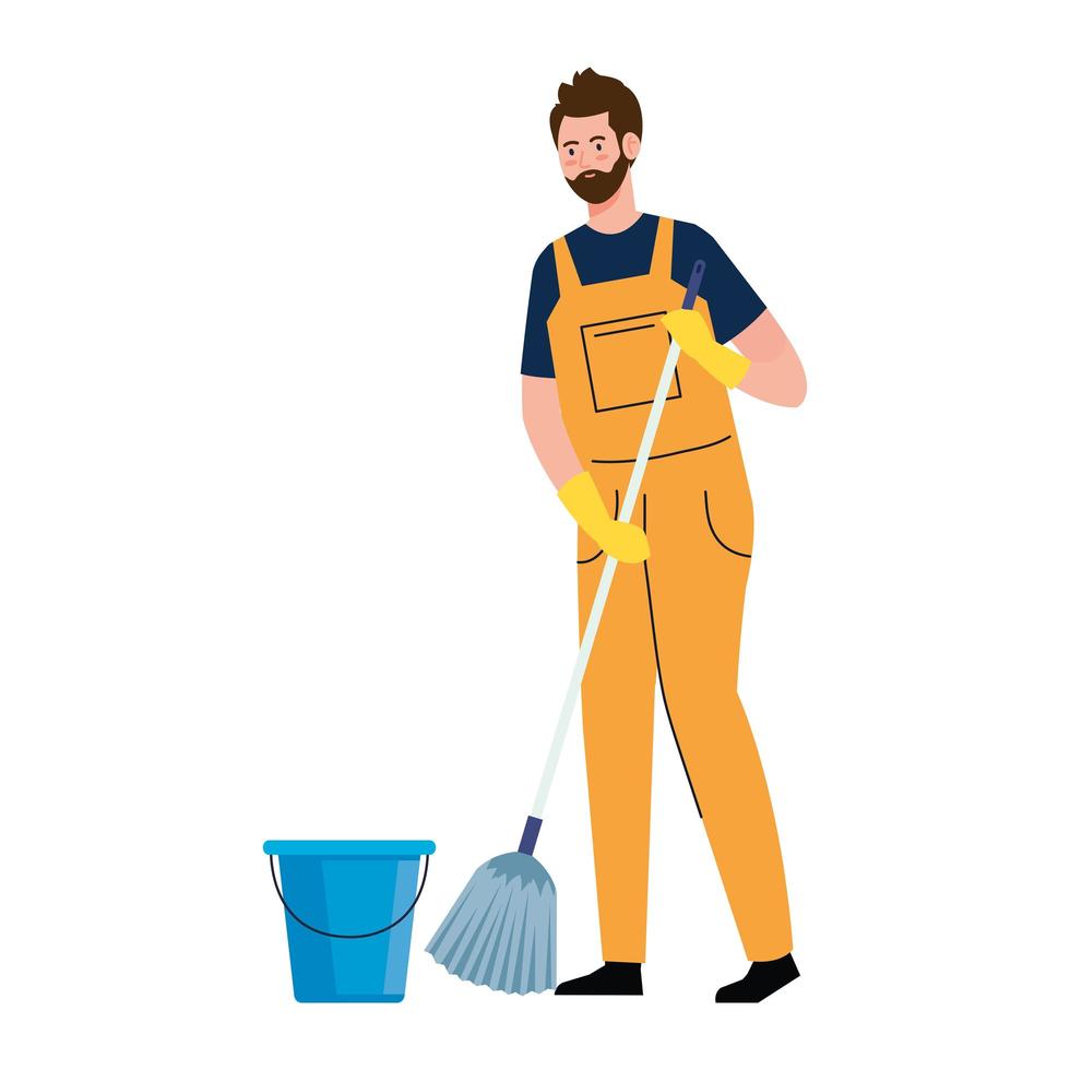 Hombre trabajador de servicio de limpieza con fregona, sobre fondo blanco. vector