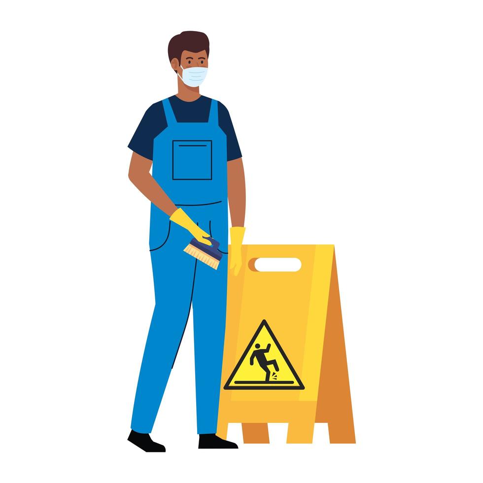 man afro worker of cleaning service wearing medical mask, with caution sign wet floor, on white background vector