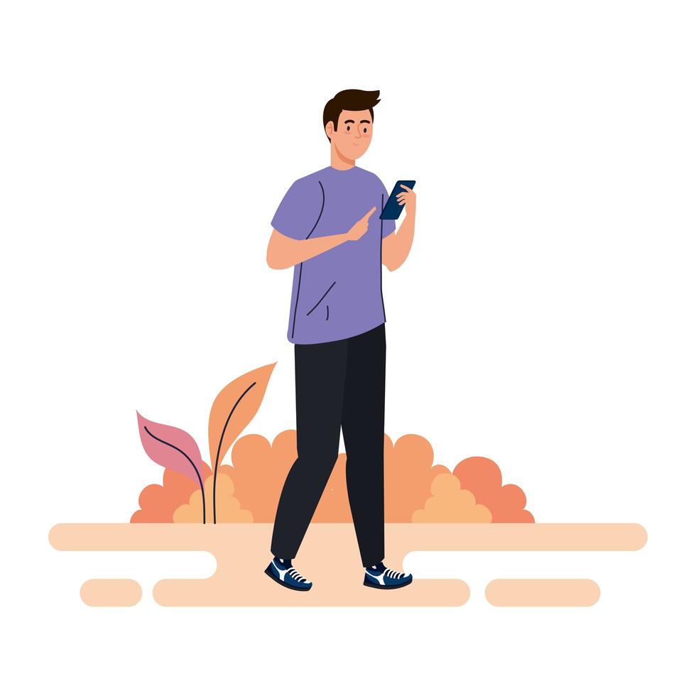 young man using smartphone device outdoor, on white background vector
