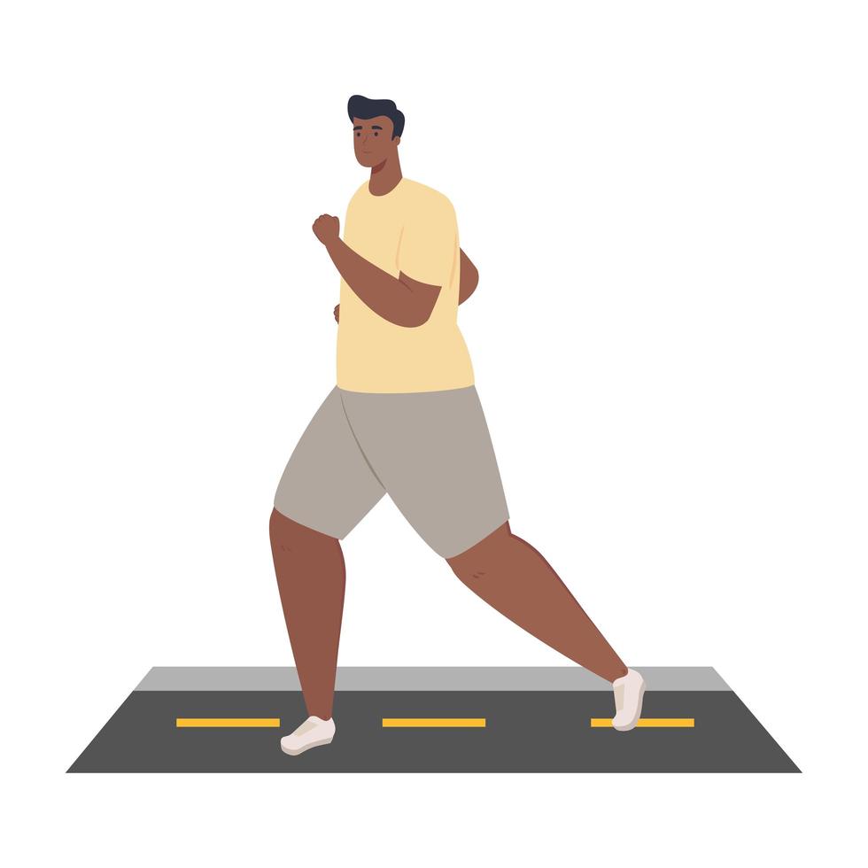 Hombre afro corriendo en la carretera, hombre en ropa deportiva trotando, atleta masculino sobre fondo blanco. vector