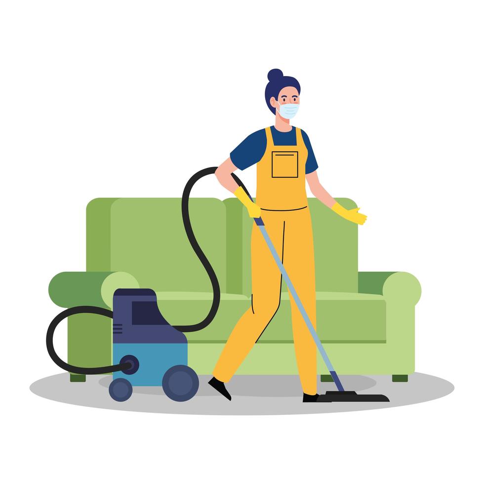 woman worker of cleaning service wearing medical mask, vacuuming the furniture, on white background vector