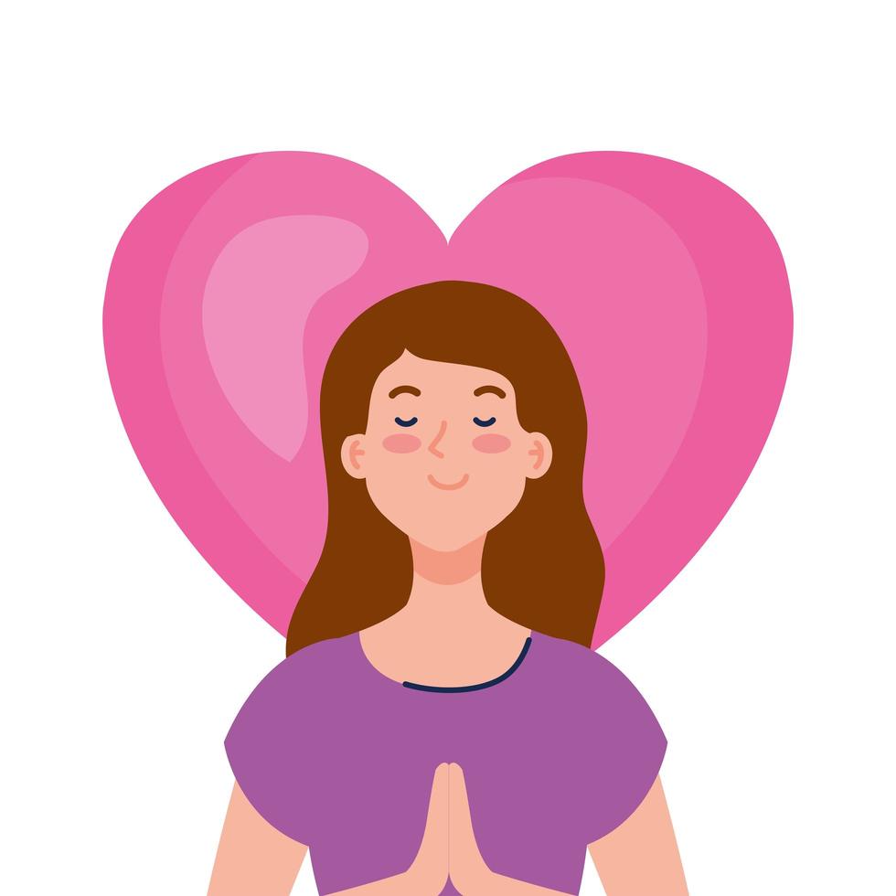 mujer meditando, con, corazón, en, plano de fondo vector