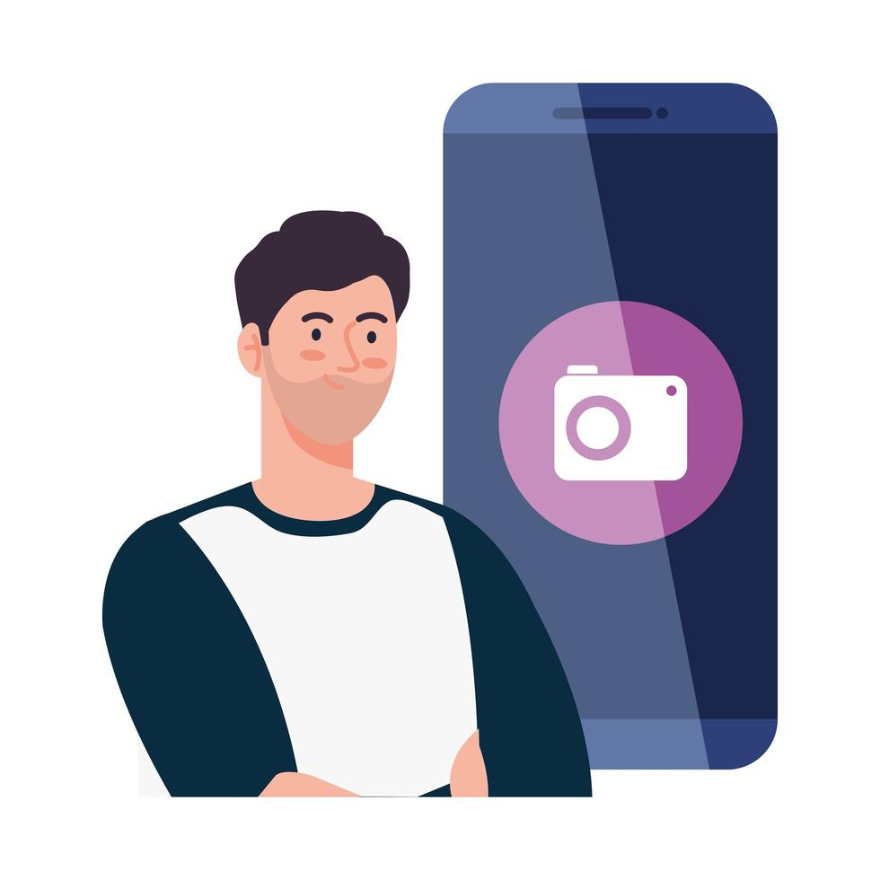 social media concept, man with camera button in smartphone vector