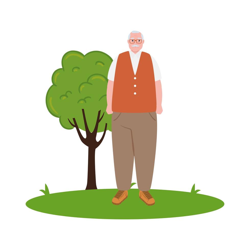 Lindo anciano al aire libre, abuelo en la hierba sobre fondo blanco. vector