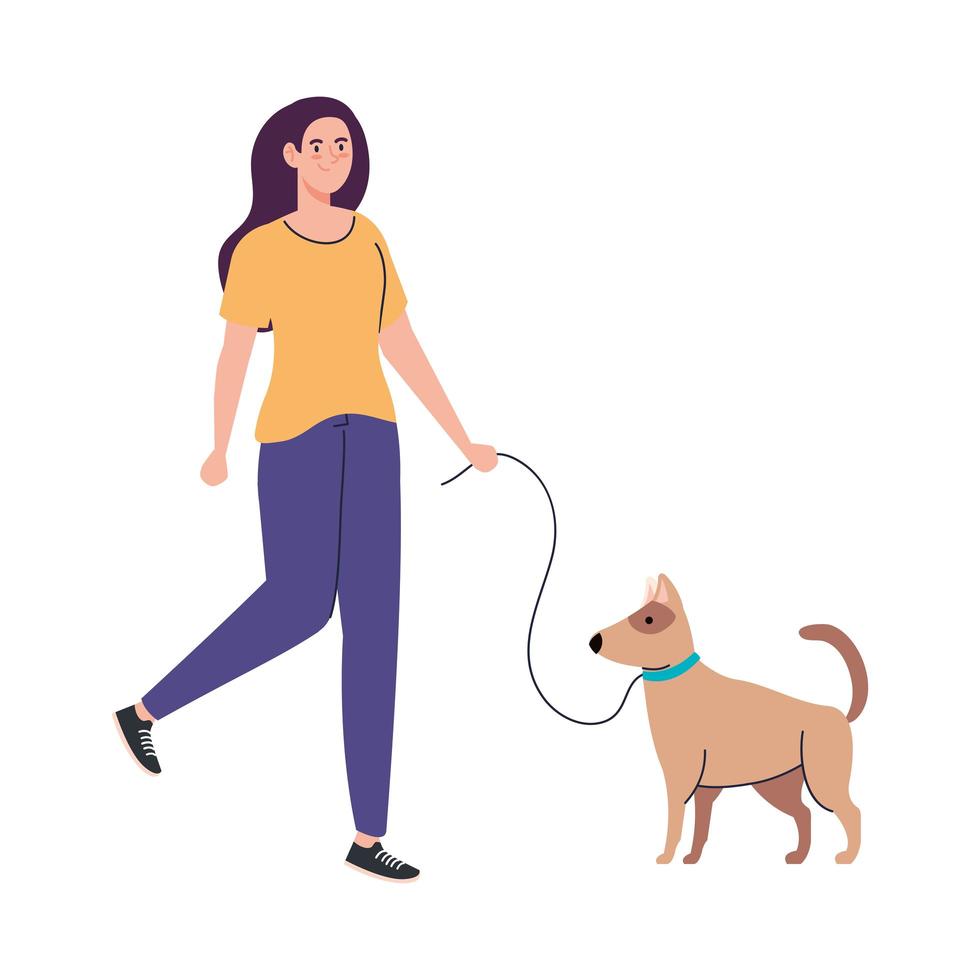 Mujer joven en un paseo con un perro sobre fondo blanco. vector