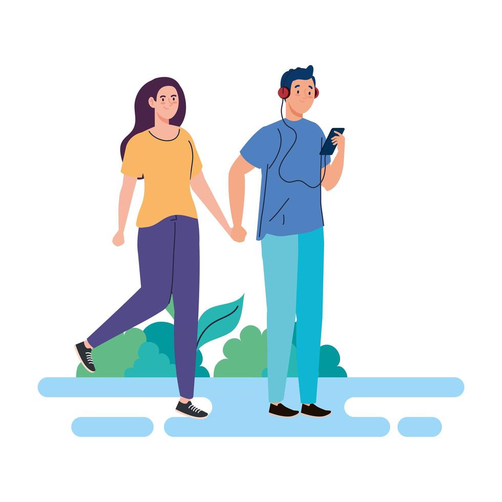 young couple walking outdoor, on white background vector