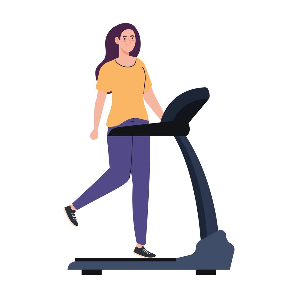 woman running on treadmill, ectrical training machine on white background vector