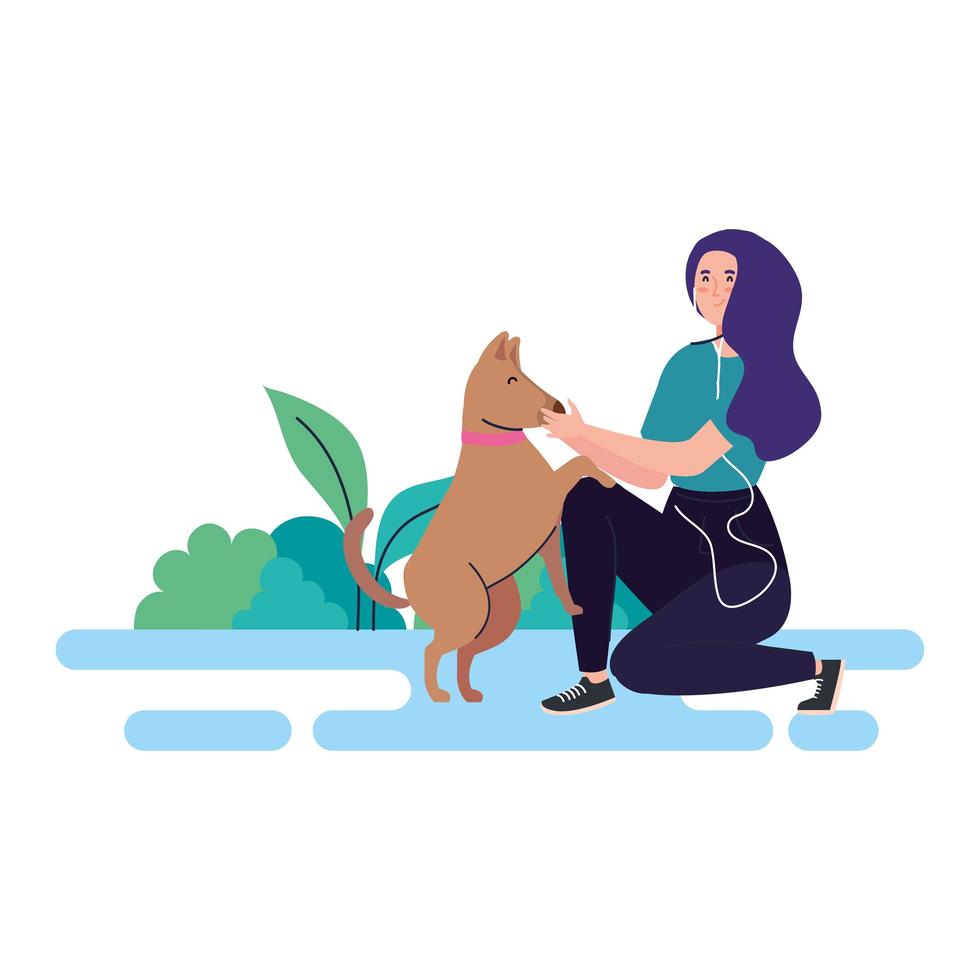 Mujer joven con un perro al aire libre, sobre fondo blanco. vector