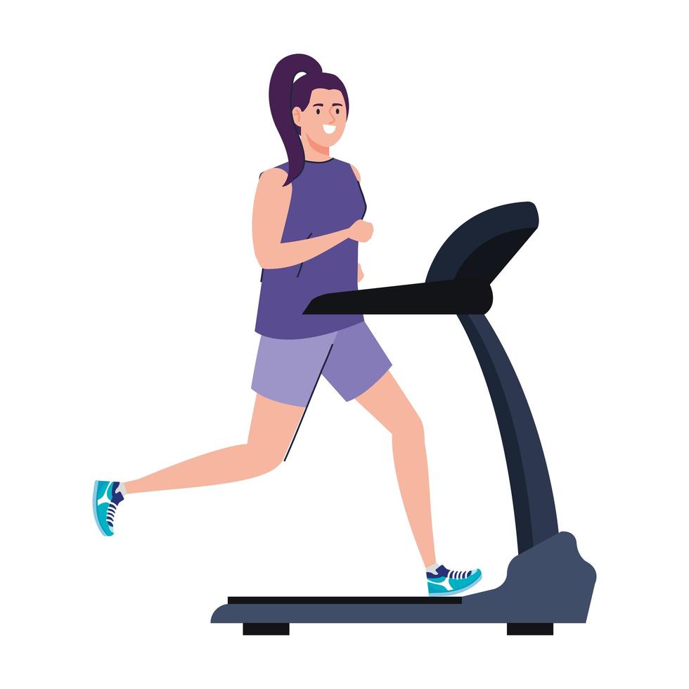 woman running on treadmill, ectrical training machine on white background vector