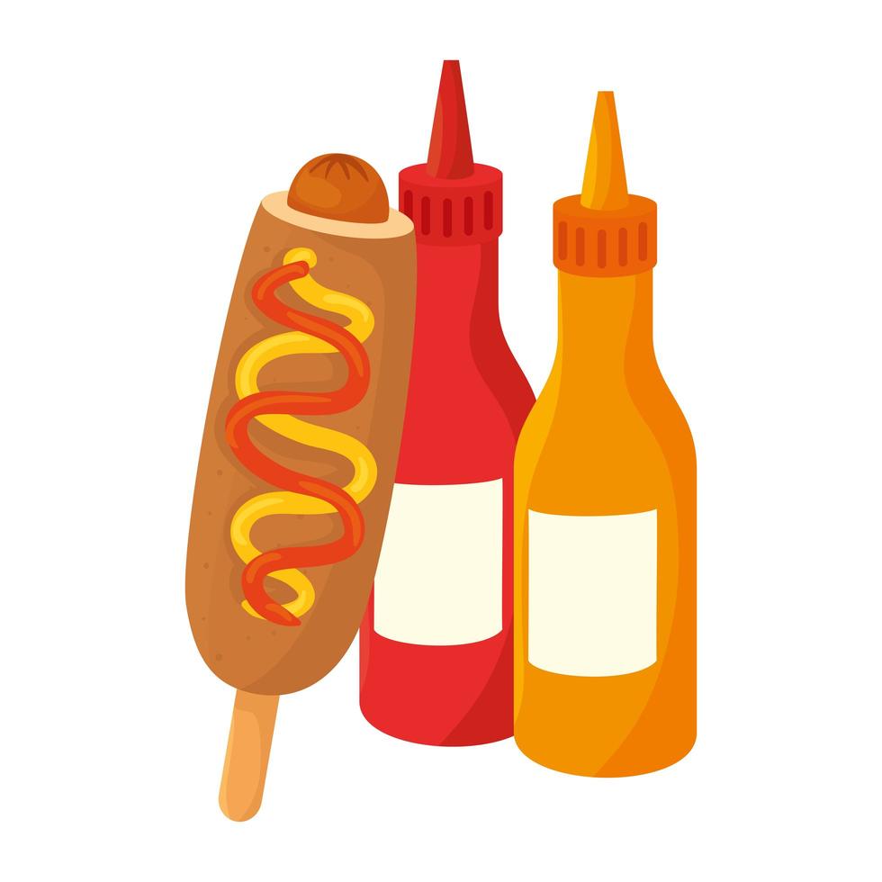 fast food corn dog with bottled sauce on white background vector