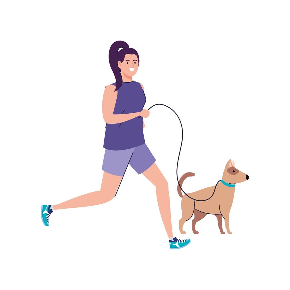 Mujer corriendo con perro sobre fondo blanco. vector