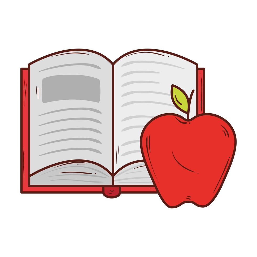 Libro abierto con manzana fruta roja sobre fondo blanco. vector