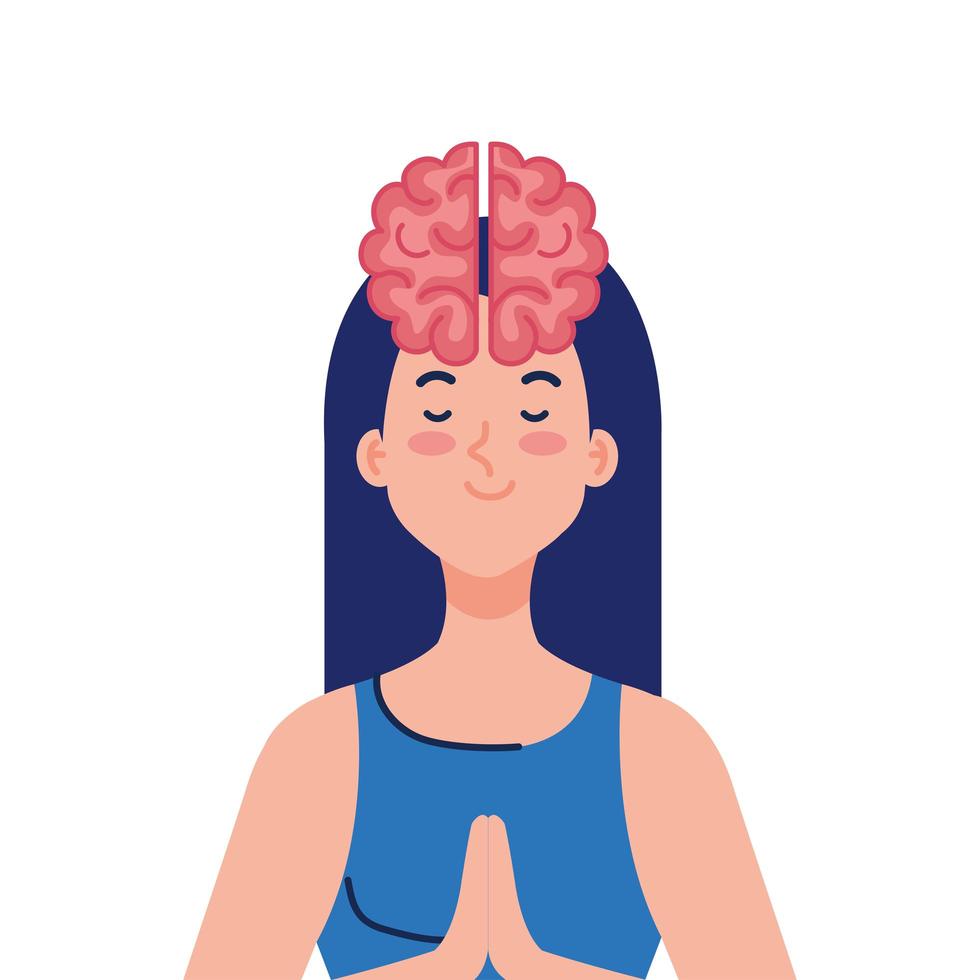 Mujer meditando con icono de cerebro, sobre fondo blanco. vector